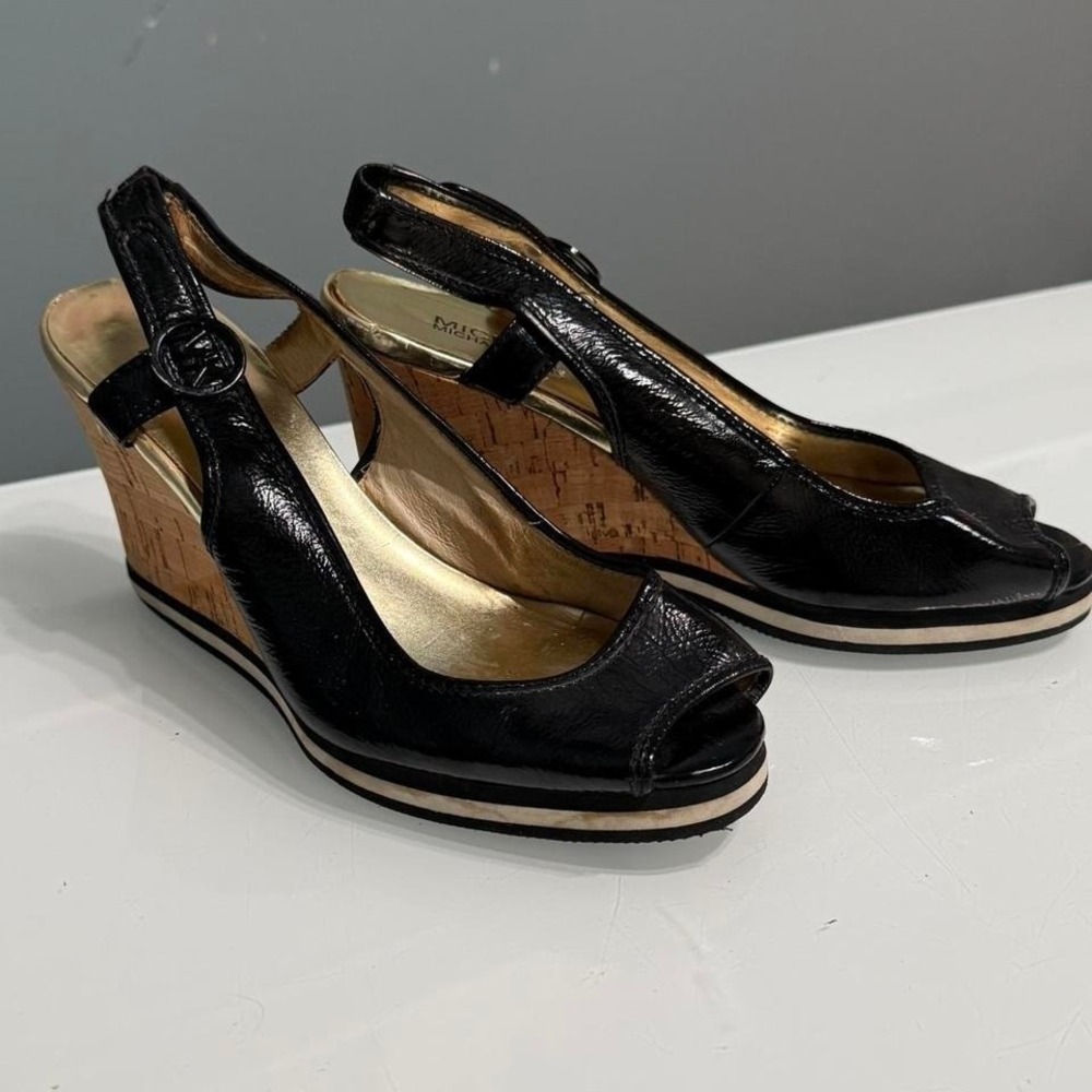 Michael Kors Black patent leather wedge heels with cork heel‎ size 8